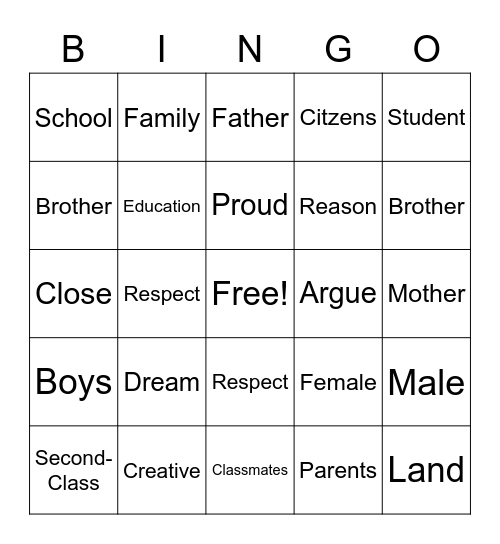 Waangari Vocabulary Bingo Card