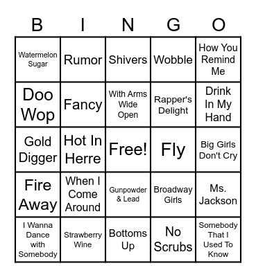 Kelly's Music List Bingo Card