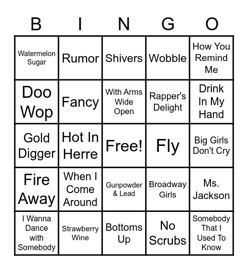 Kelly's Music List Bingo Card