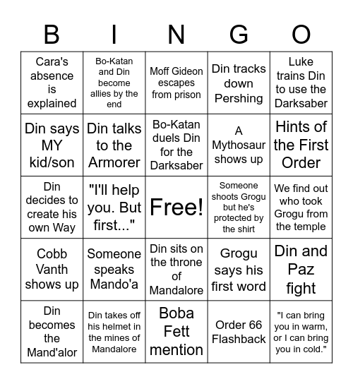 The Mandalorian Season 3 Bingo Card