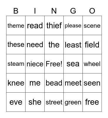 Vowel Patterns (E) Bingo Card
