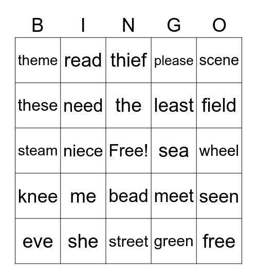 Vowel Patterns (E) Bingo Card