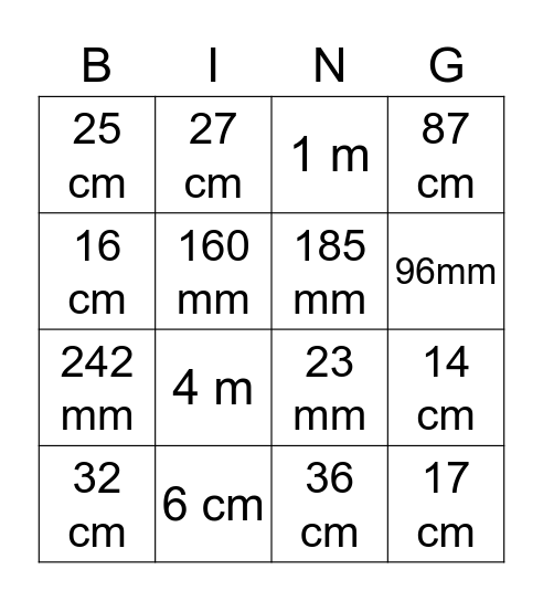 METRIC BINGO Card