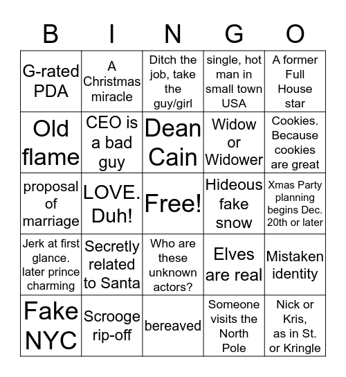 Hallmark Christmas Movie Bingo Card