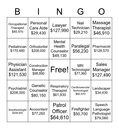 When I Grow Up Bingo Card