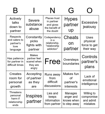 Relationship Green and Red Flags Bingo Card