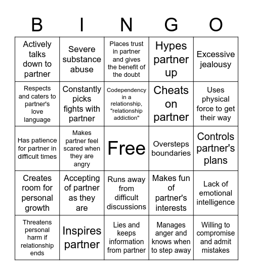 Relationship Green and Red Flags Bingo Card