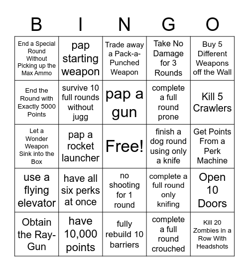 Zombies Acension Bingo Card