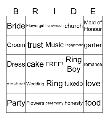 Bridal Bingo Card