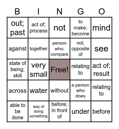 Affixes Bingo Card