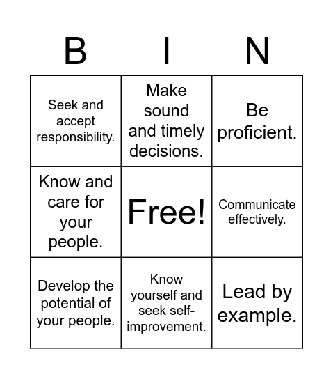 ADF Leadership Principles Bingo Card