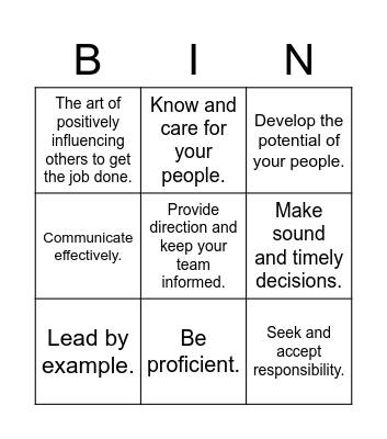 ADF Leadership Principles Bingo Card