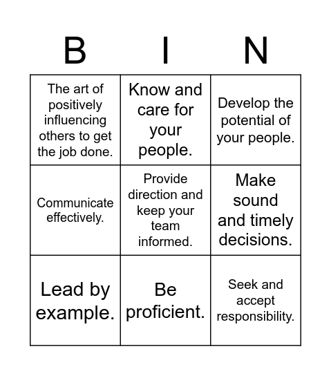ADF Leadership Principles Bingo Card