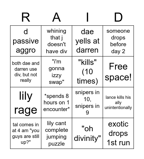 raid night bingo Card