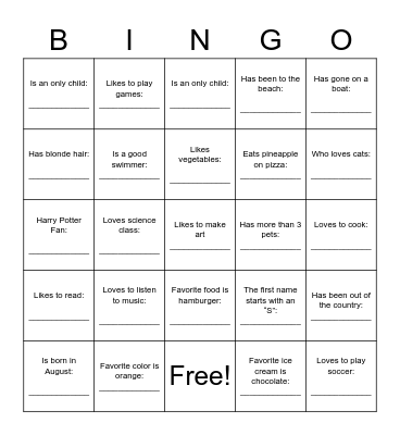 Get to know me! Bingo Card