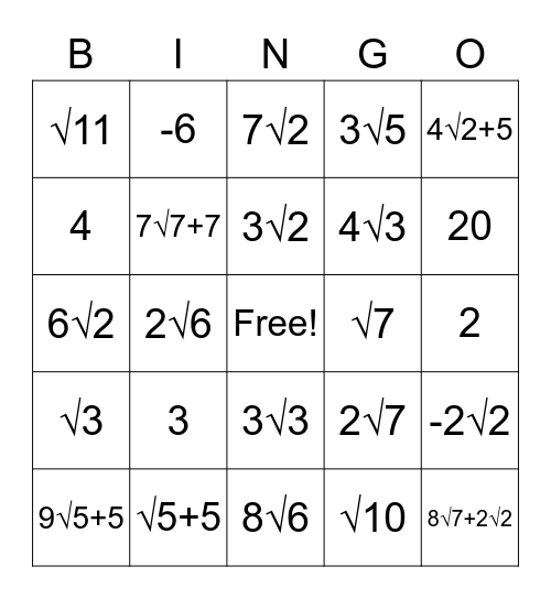 Surd Bingo Card