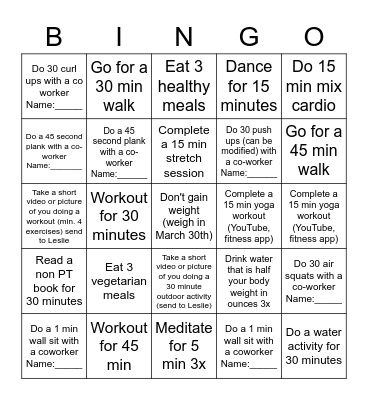 CORE FITNESS BINGO Card