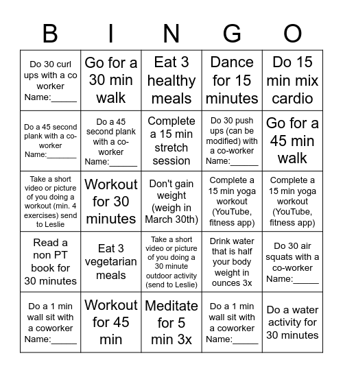 CORE FITNESS BINGO Card