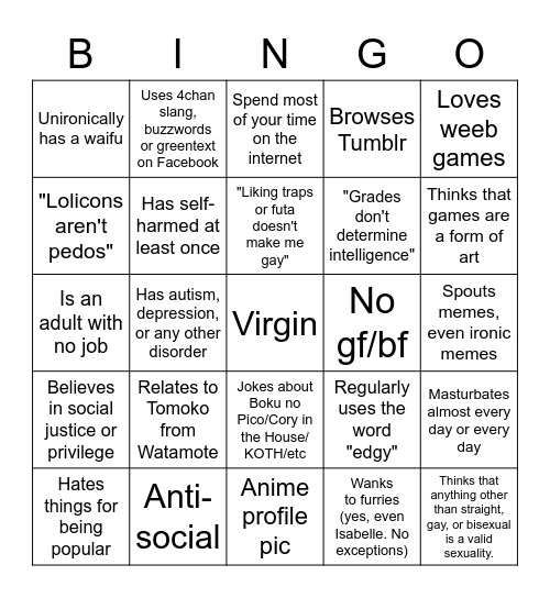 The "if you get a Bingo, then you should kill yourself" bingo Card