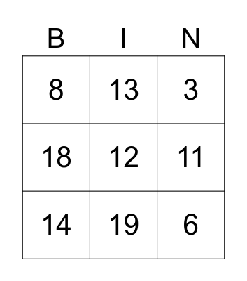 Numeros 1-20 Bingo Card