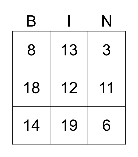 Numeros 1-20 Bingo Card