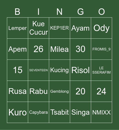 Shoera Bingo Card