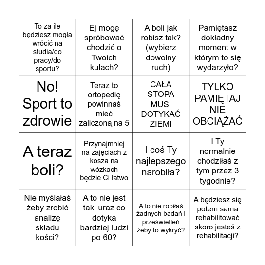 Bingo po złamaniu szyjki kości udowej Bingo Card