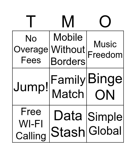 T-mobile Bingo! Bingo Card
