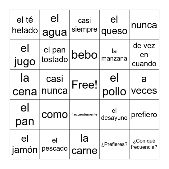 5.1 ¿Qué comes? Esenciales Bingo Card