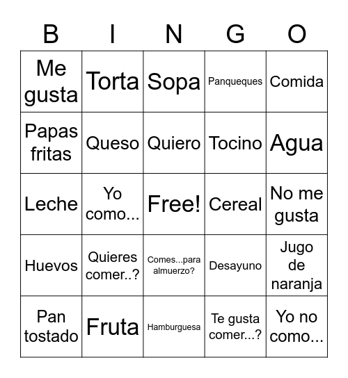 Comida Bingo Card