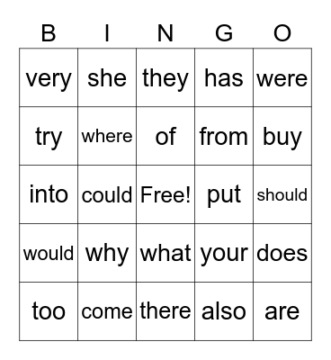 Unit 8 heart word bingo Card