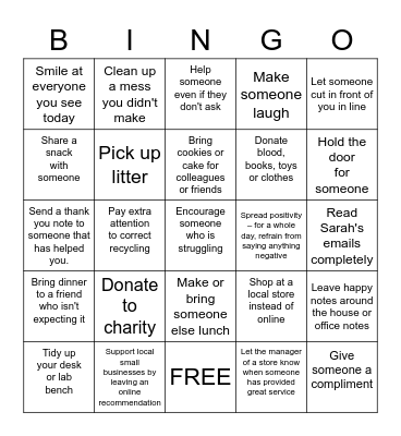 Random Acts of Kindness Bingo Card