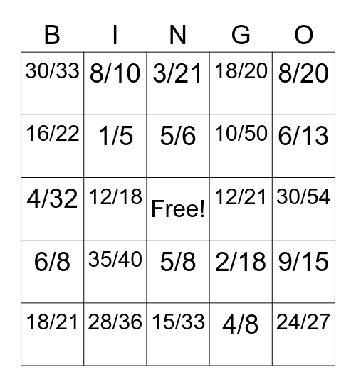 equivalent fractions Bingo Card