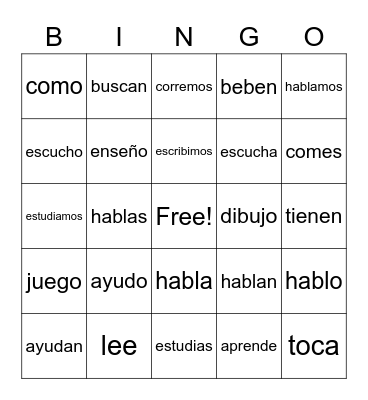 Regular Verbs Bingo Card