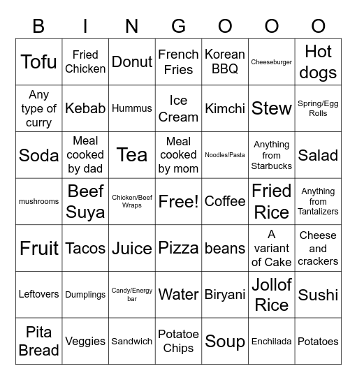 Meal Time Bingo Card