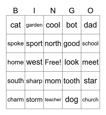 English Bingo Card