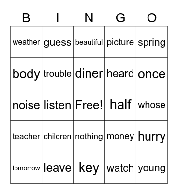 2B Power Word Bingo Card