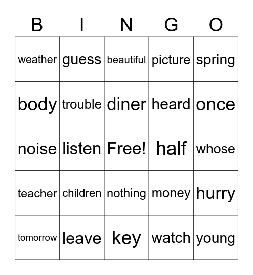 2B Power Word Bingo Card