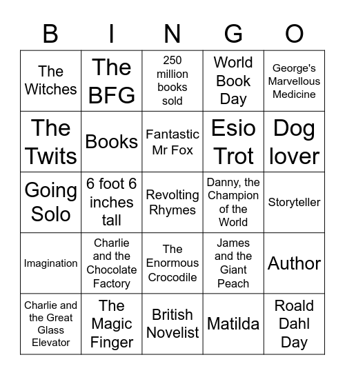 Roald Dahl Bingo Card