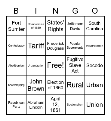 Sectionalism Bingo Card