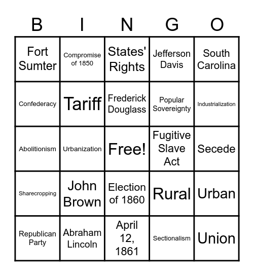 Sectionalism Bingo Card