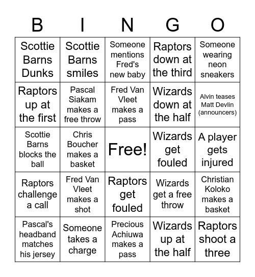 Raptors Bingo Card