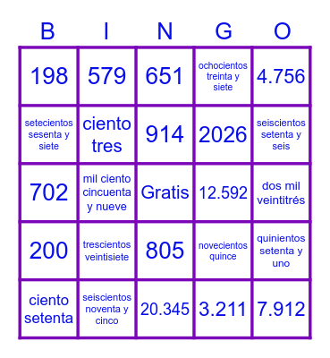 Los números 101-1000 Bingo Card