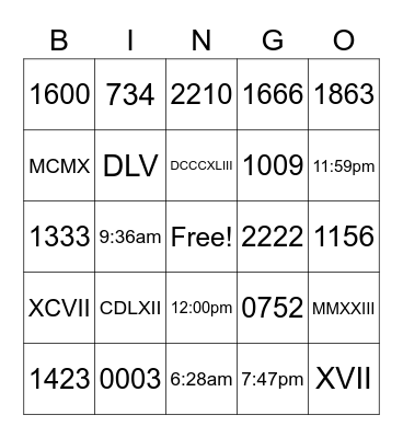 Military Time/Roman Numerals Bingo Card
