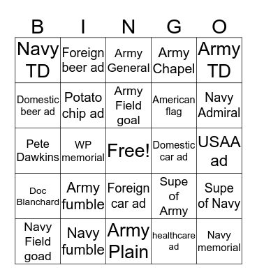 Army-Navy 2015 Bingo Card