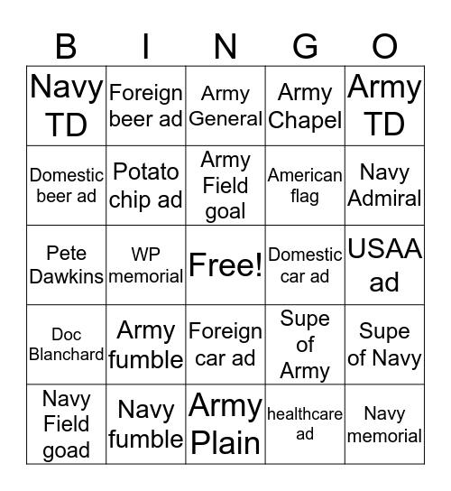 Army-Navy 2015 Bingo Card