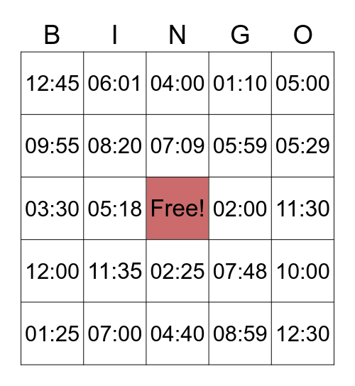 Telling the time Bingo Card