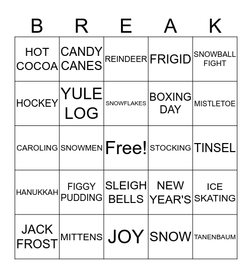 WINTER BREAK Bingo Card