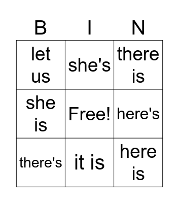 Contractions Bingo Card