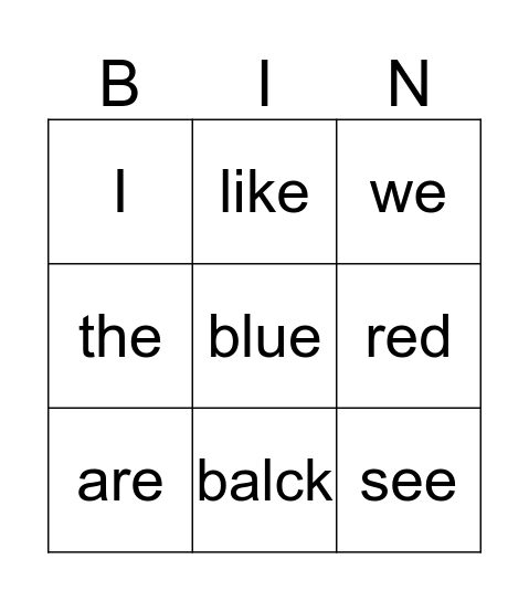 Sight words Bingo Card